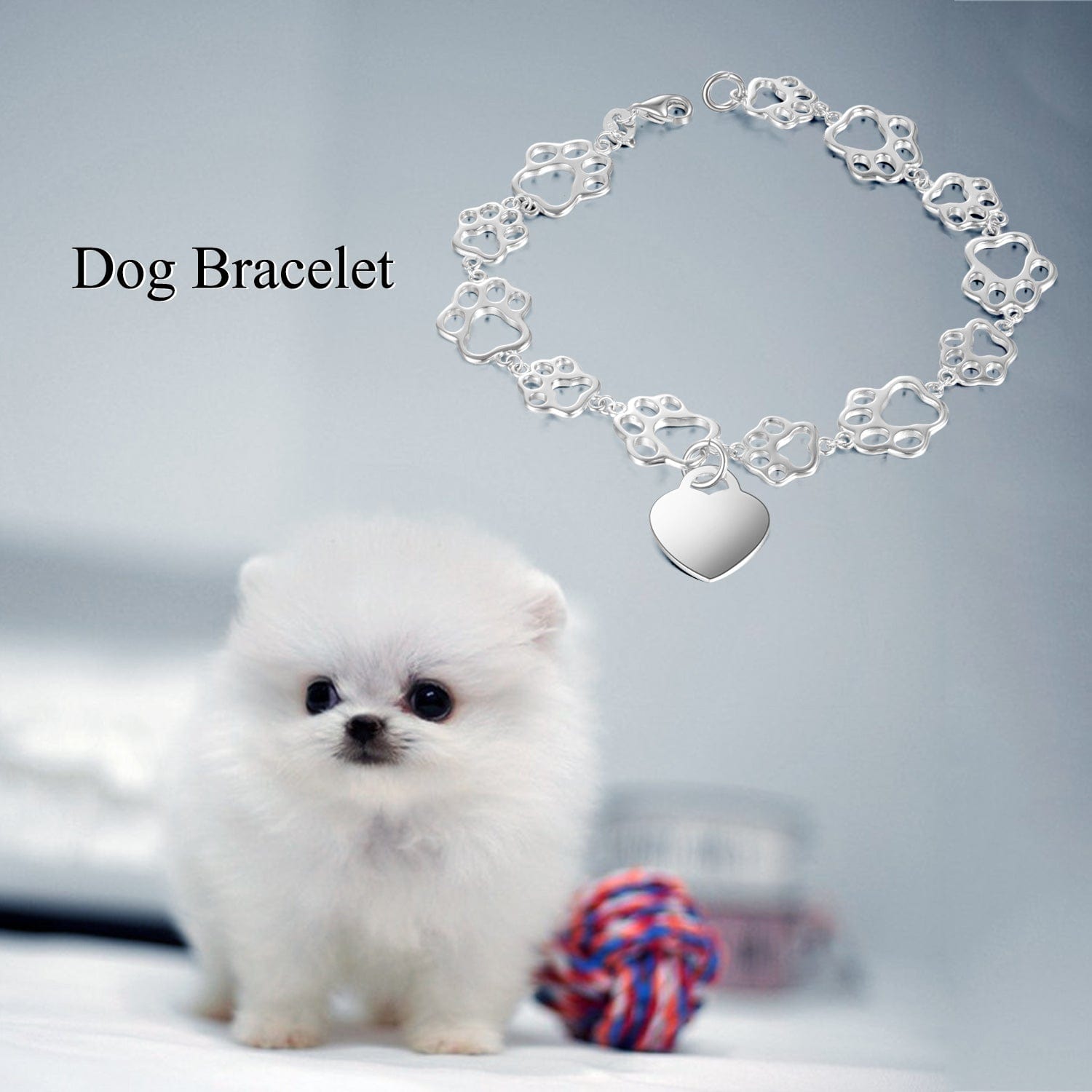 Pet Paw Bracelet with Heart Sterling Silver, Engraveable、mySite、g9winljtr