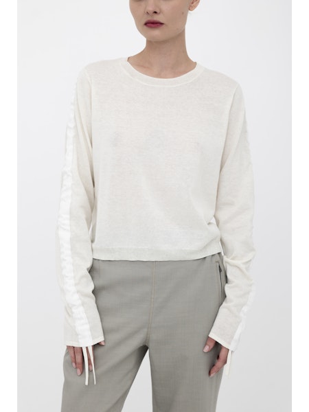 Elaine Kim Briar Organic Cotton Hemp Crew Neck Top with Ruched Sleeves and Grosgrain、mySite、noshort