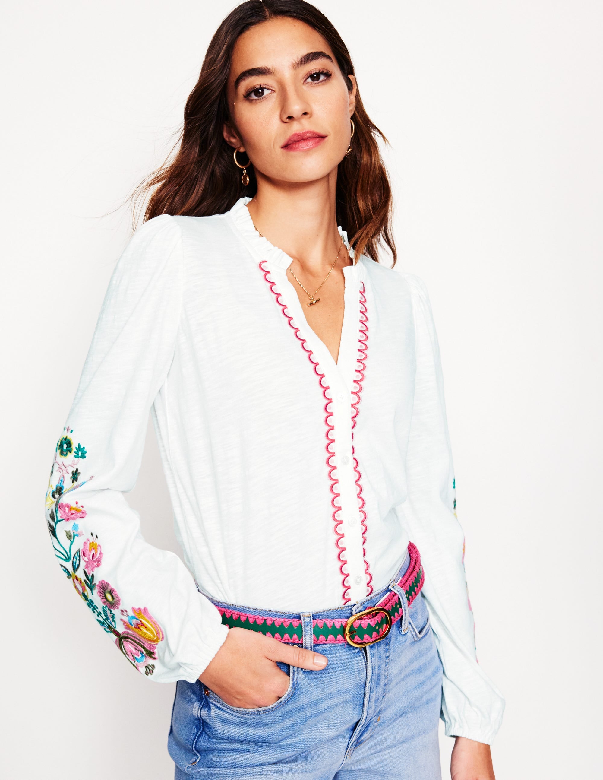  Embroidered Frill Neck Blouse-White, Multi Floral Embroidery、mySite、ashleygrahame