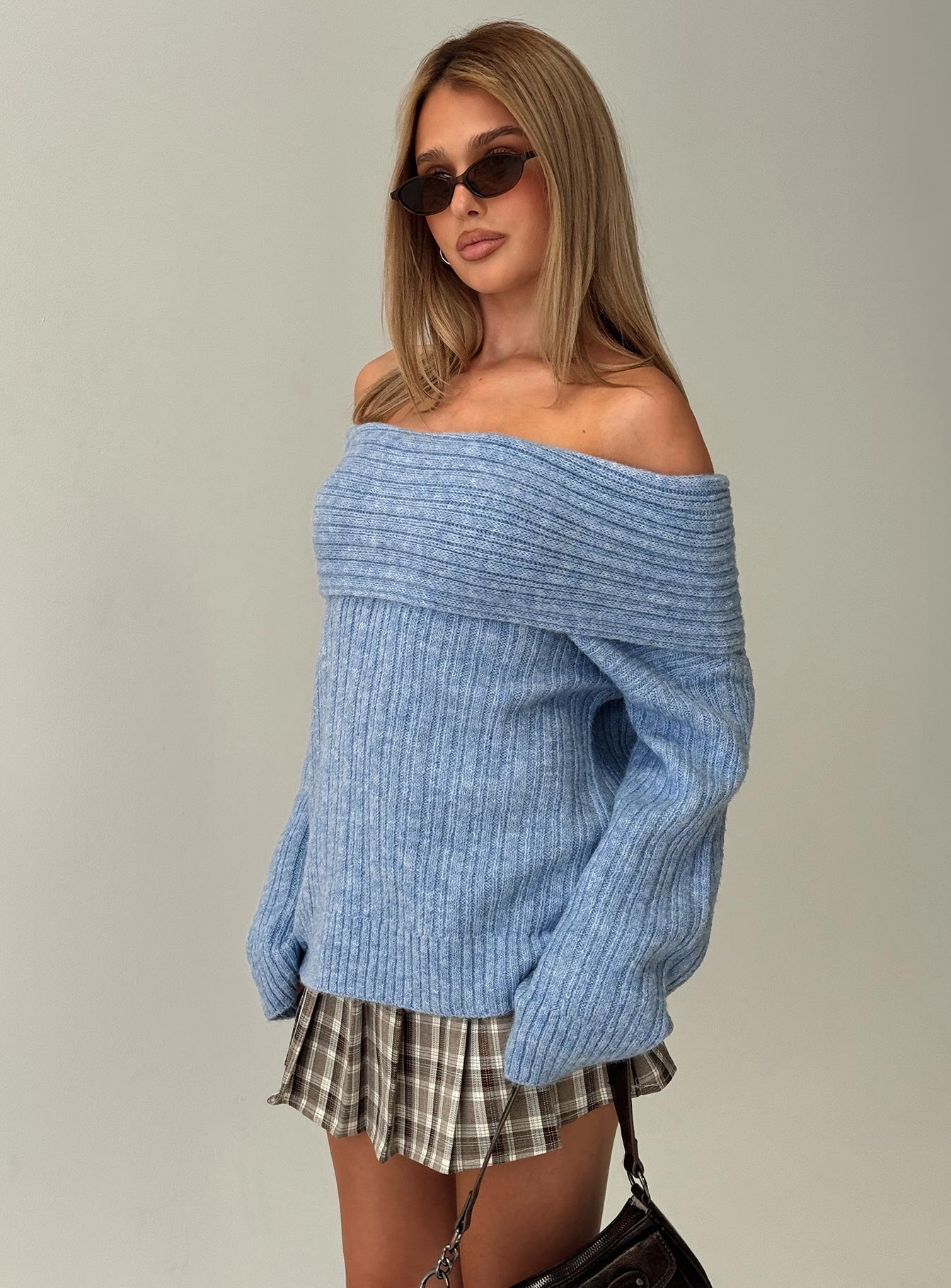 Snowie Off Shoulder Knit Sweater Blue、mySite、solidvoid
