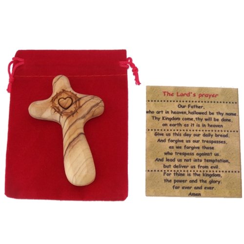  No Greater Love Olive Wood Comforting Cross Engraved with Crown of Thorns and Heart of Our Lord Package. Comes with Gift Box,Velvet Bag & Lord's Prayer Card - 2.75 Cross、mySite、elrpsem3k