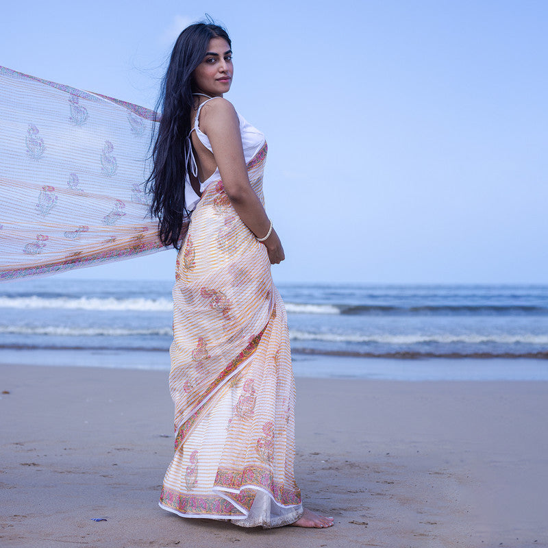 Kota Handblock Printed Saree | Mogra | White & Orange、mySite、camillekostekn
