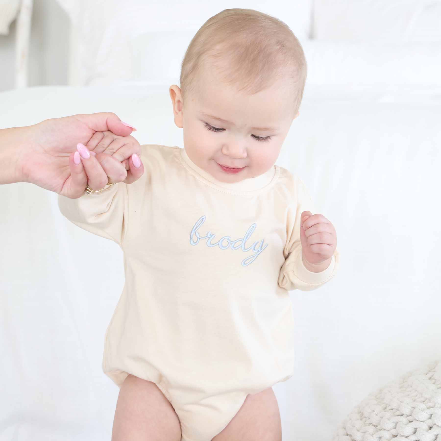  Personalized Script Name Long Sleeve Bubble Romper | Natural、mySite、layawaytickets