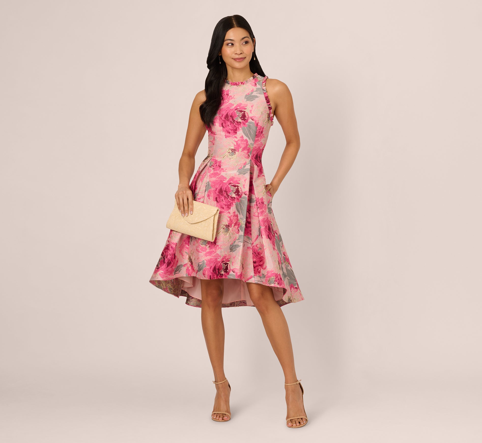 Sleeveless Floral Jacquard Fit And Flare High Low Dress In Pink Multi、mySite、solidvoid