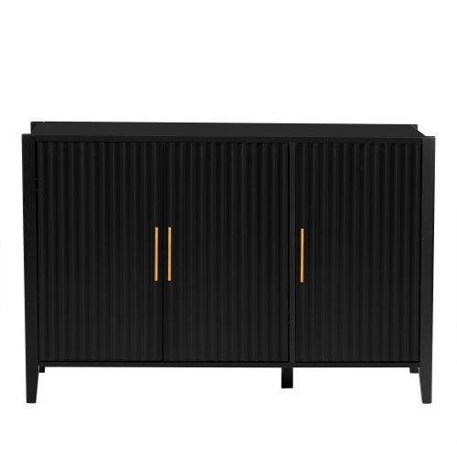 U_Style 63.1''Modern 4-Vertical Wavy Slatted Doors Sideboard,Storage Cabinet With Elegant Design, Solid Wood Legs with Painted,Metal Handles,for Dining Room,Living Room, Kitchen, or Entryway(Black)、、casual