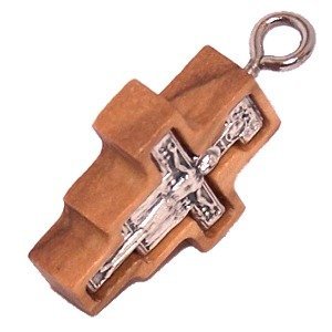  Olive wood Cross with Embedded pewter Cross - San Damiano model (2.3 cm - 0.9) - 6mm thick、mySite、elrpsem3k