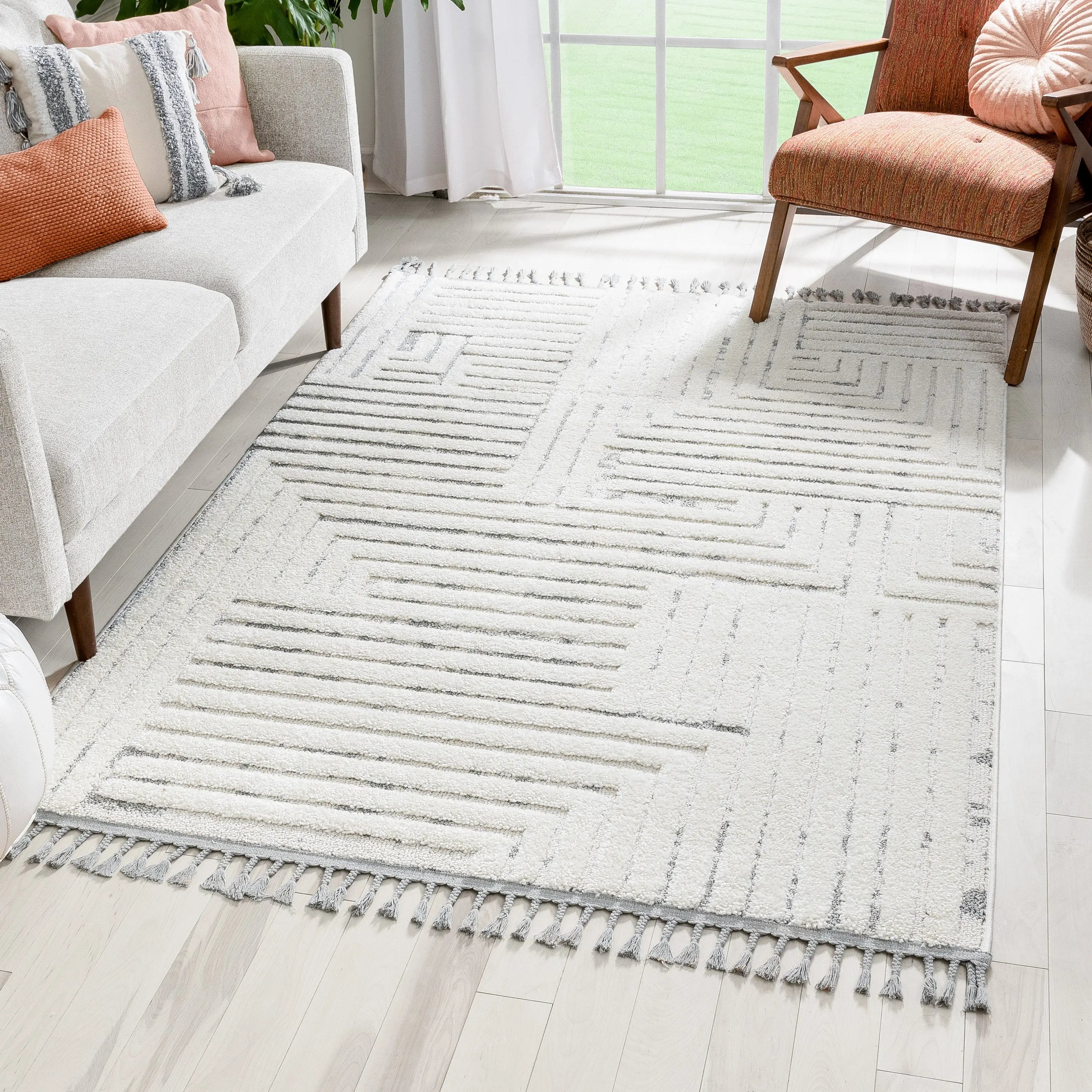 Gianna Modern Geometric Stripes Cream Grey High-Low Textured Rug、mySite、gigharbornorthrealestate