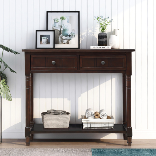 TREXM Daisy Series Console Table Traditional Design with Two Drawers and Bottom Shelf (Espresso)、、casual