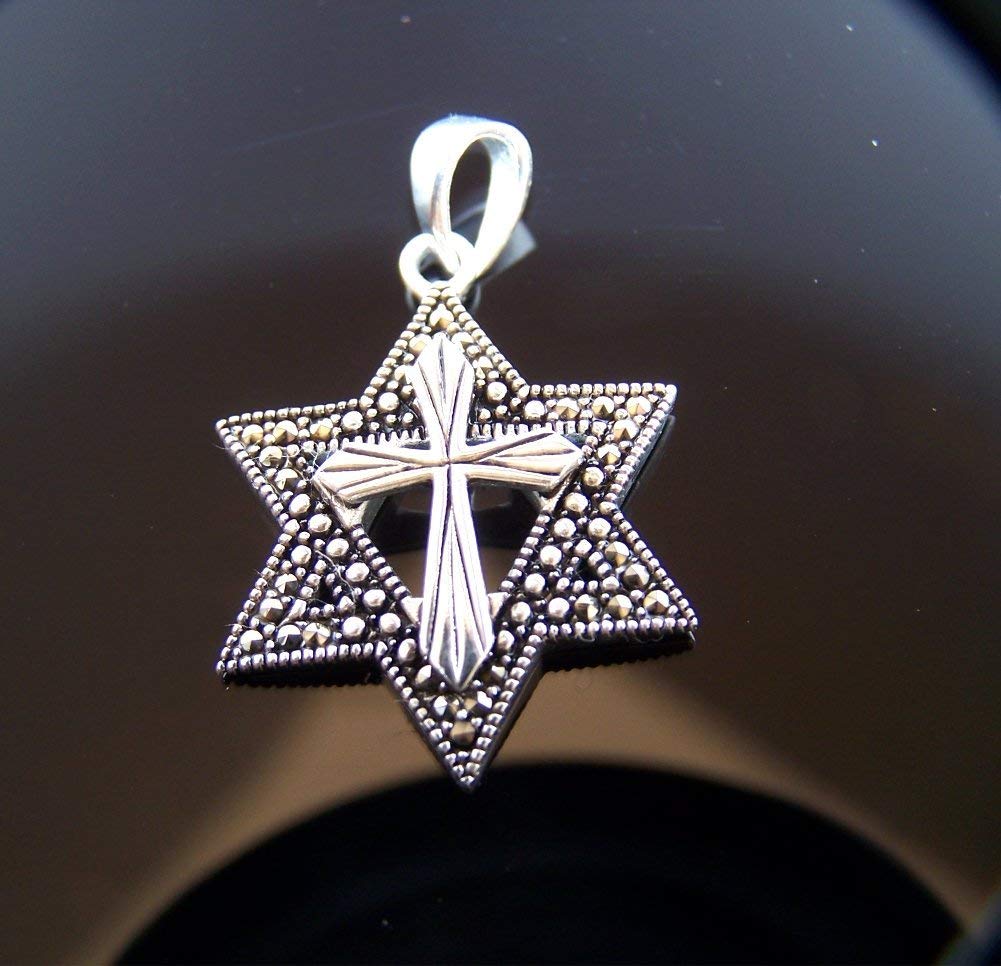  Marquise Star of David with a Cross Messianic pendant with Marcasite Border、mySite、elrpsem3k