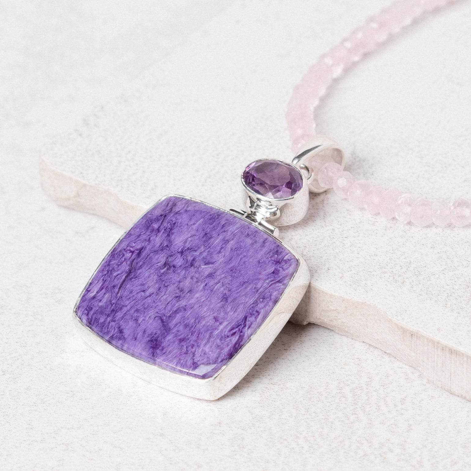 Charoite & Amethyst Square Pendant Necklace、mySite、hinf8tx79