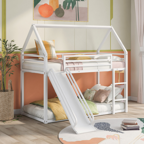 Twin over Twin House Bunk Bed with Ladder and Slide,White、、casual
