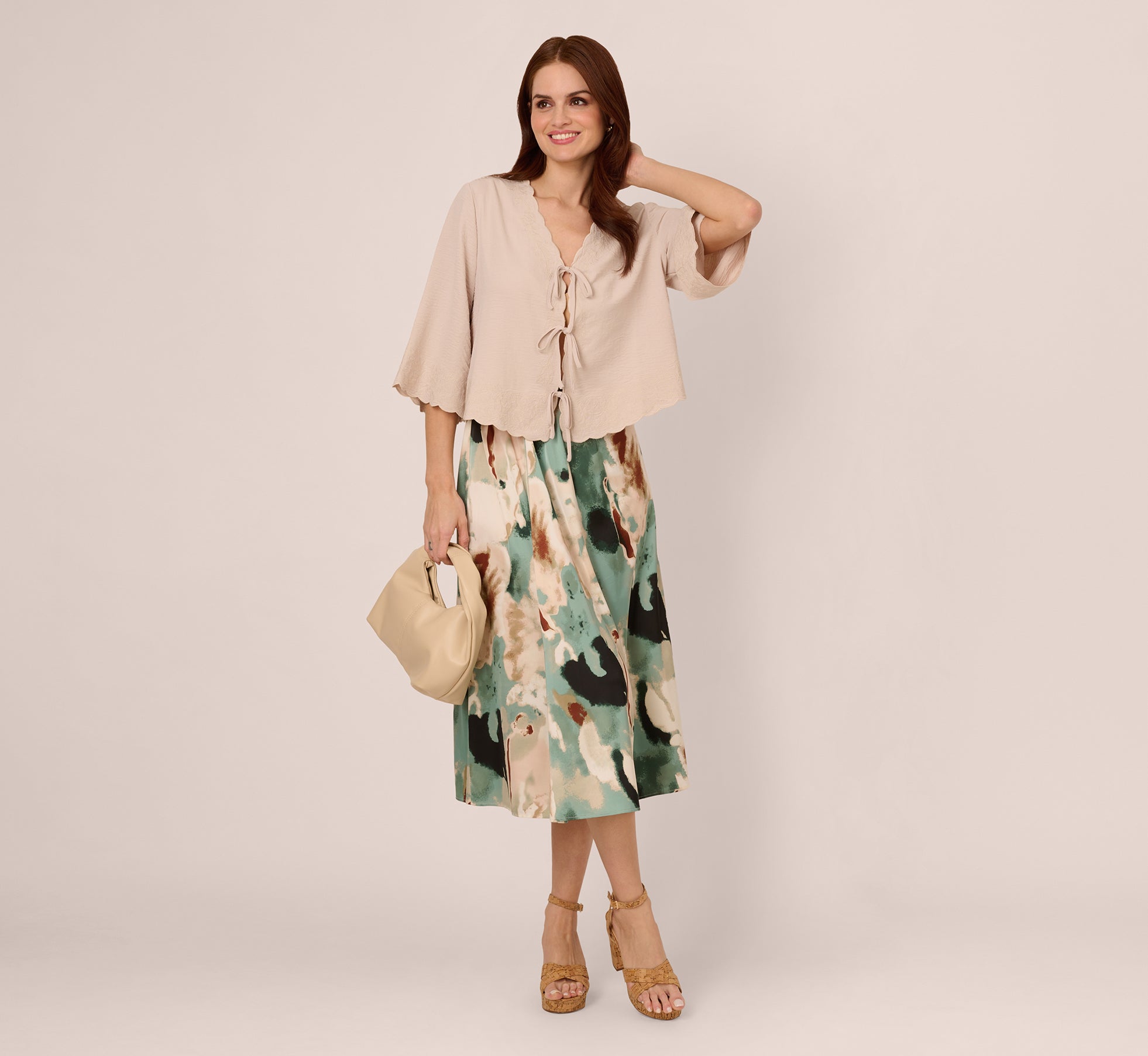 V Neck Bell Sleeve Tie Front Top In Pebble、mySite、solidvoid