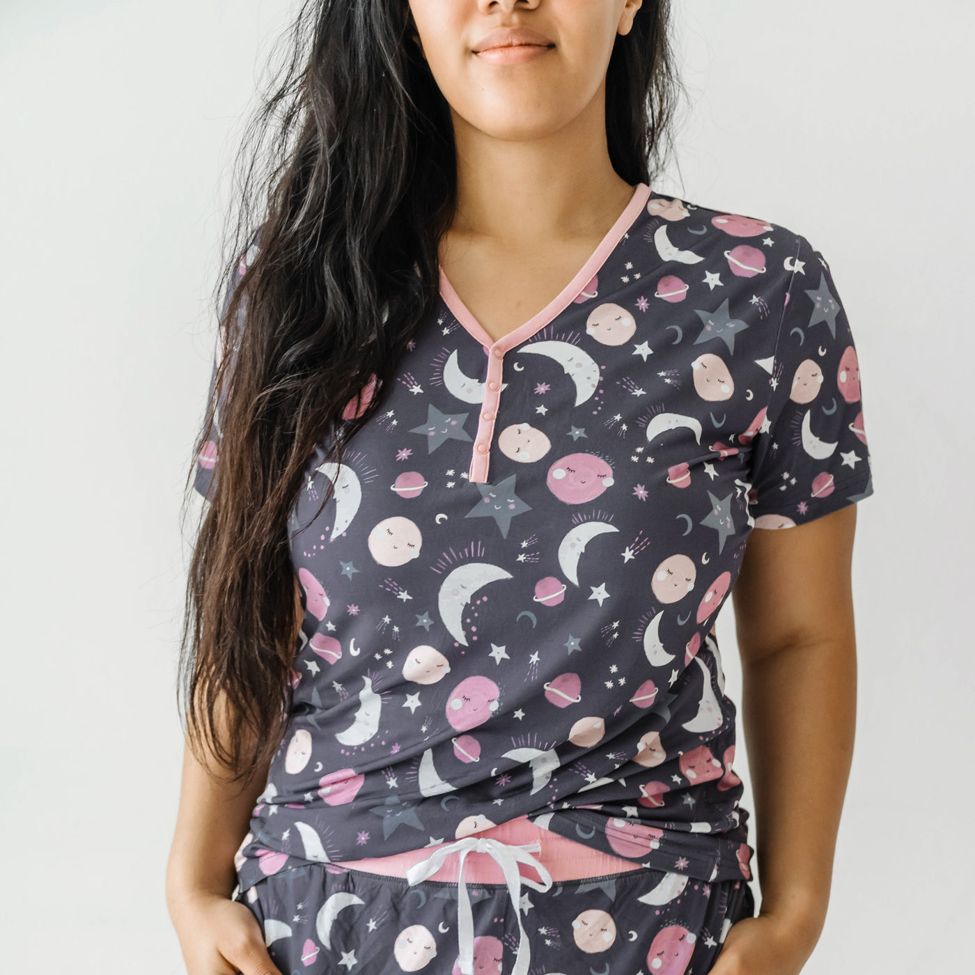 Pink To the Moon & Back Women's Short Sleeve Pajama Top、mySite、g9winljtr