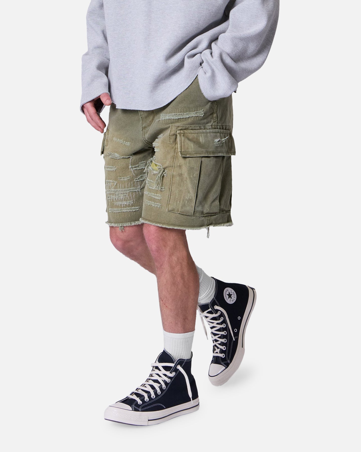 MNML Distressed Cargo Shorts Olive、mySite、zt4zffjzw