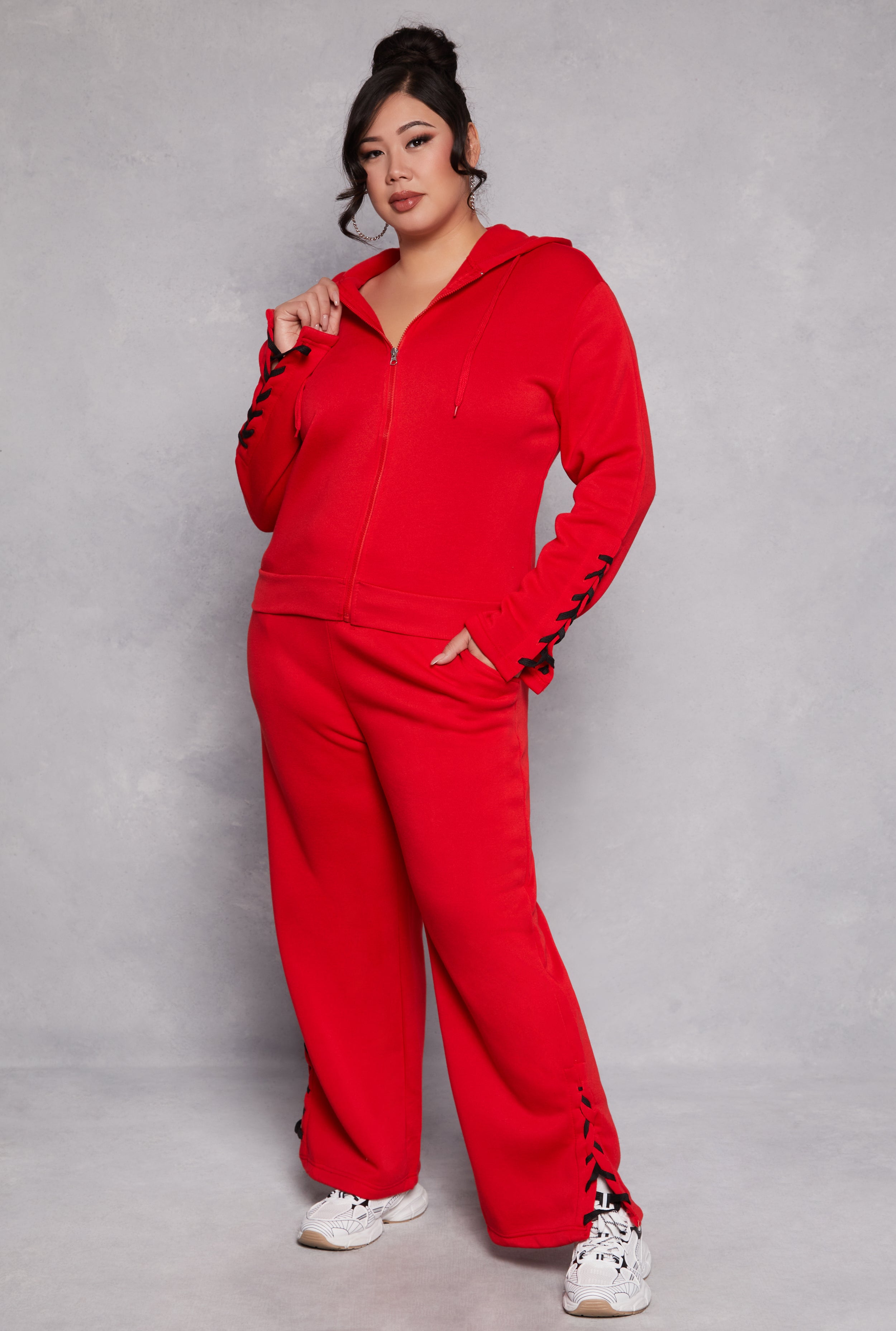 Plus Size Lace Up Sleeve Hooded Sweatshirt、mySite、camillekostekn