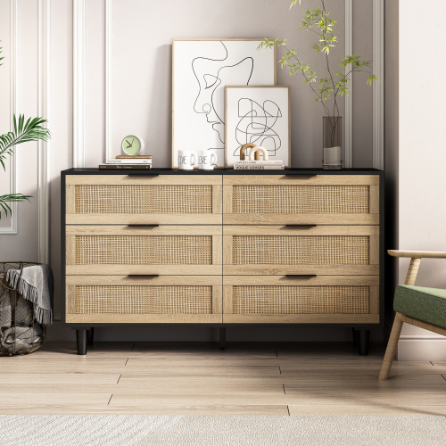 51.18"6-Drawers Rattan Storage Cabinet Rattan Drawer,for Bedroom,Living Room,Natural (Same SKU:W757P198980)、、casual