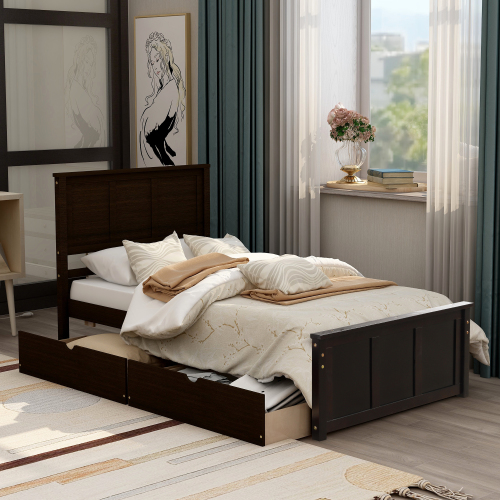 Platform Bed with Twin Size Trundle, Twin Size Frame, Gray、、casual