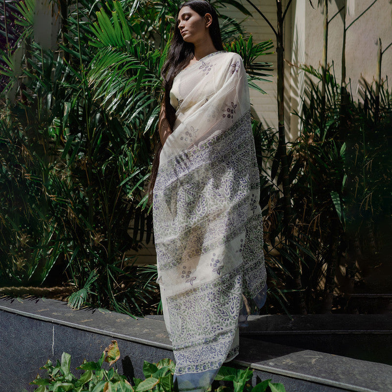 Festive Wear | Kota Doria Sanganeri Print Saree | White、mySite、camillekostekn