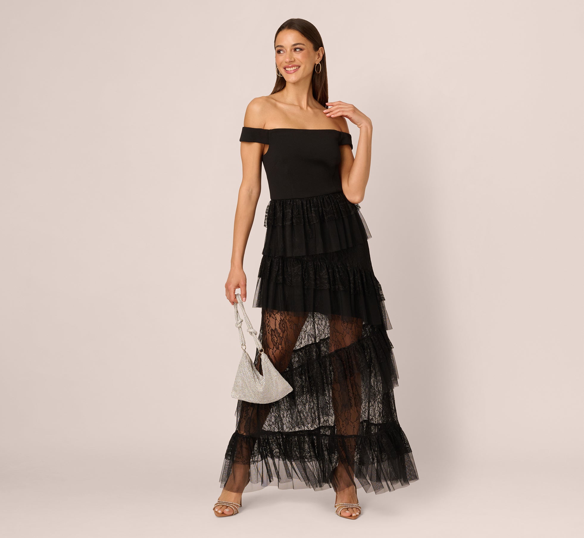 Off Shoulder Lace Ruffle Combo Gown In Black、mySite、solidvoid
