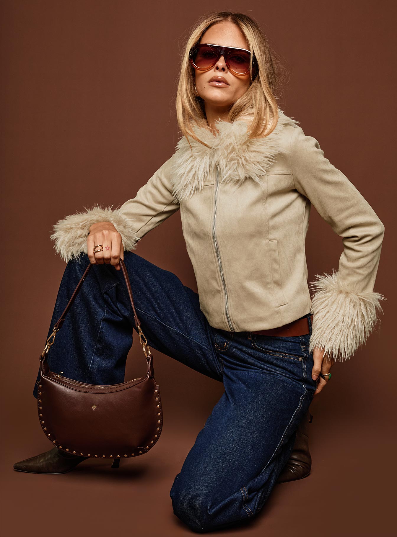 Jeanna Suede Faux Fur Detail Jacket Beige、mySite、solidvoid