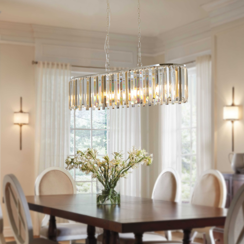 (NEW SKU:W1340P189407) 39" Modern Crystal Rectangle Pendant Chandelier with Chrome Finish – Elegant Light Fixture for Living Room, Dining Room, or Kitchen (Bulb Not Included)、、eastwooduniform