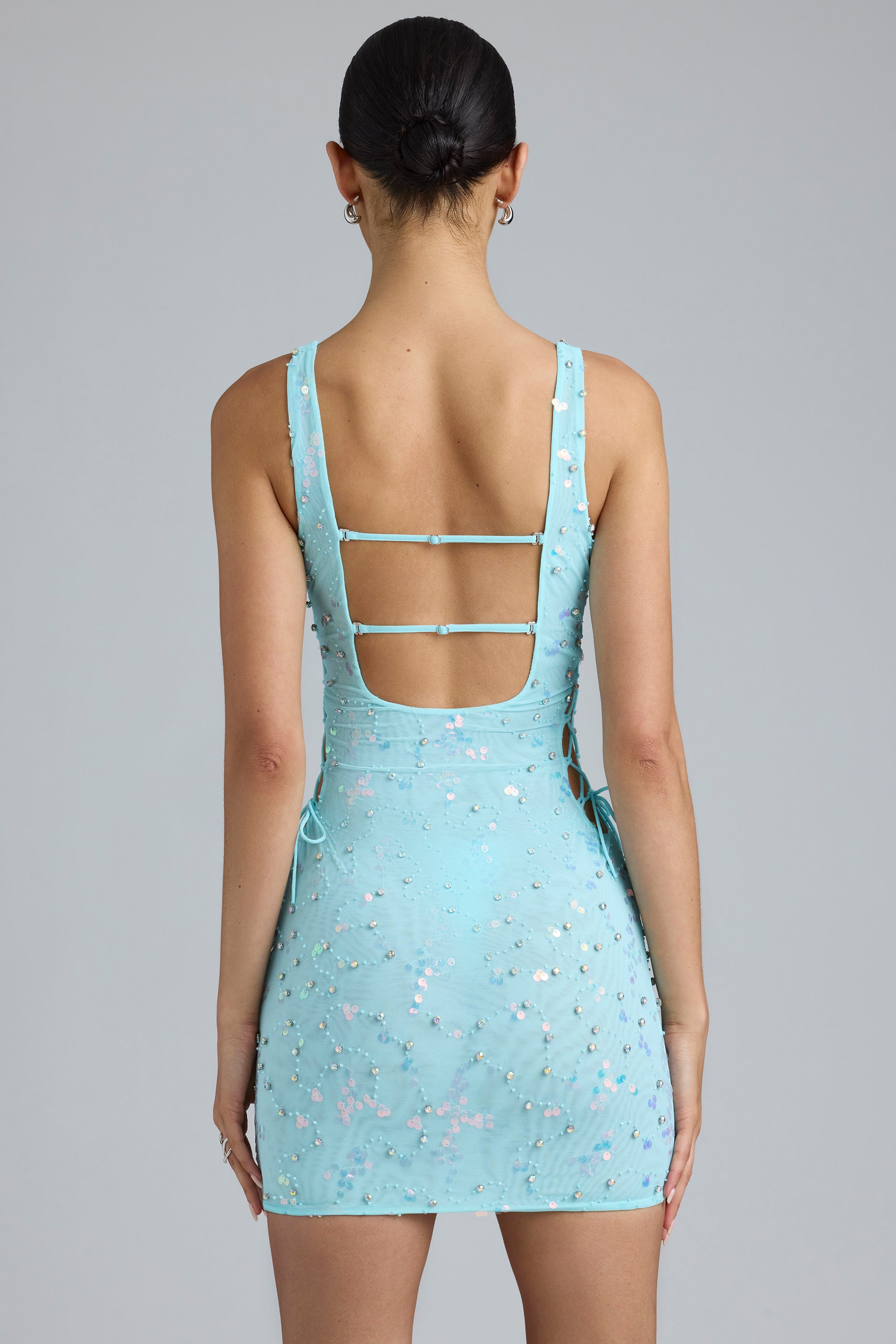 Embellished Lace-Up Mini Dress in Ice Blue、mySite、solidvoid