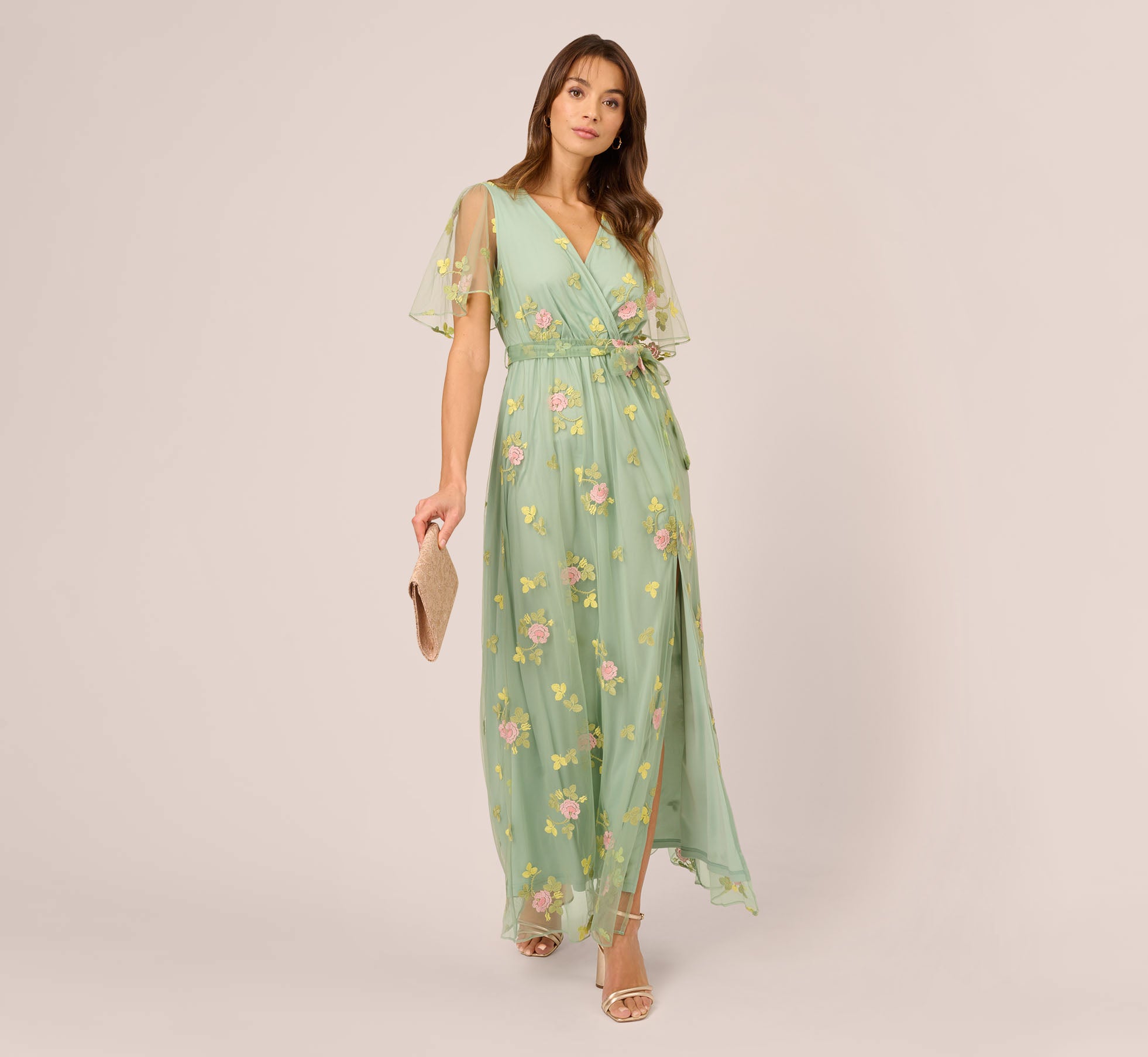 Floral Embroidered Maxi Dress With Sheer Flutter Sleeves In Sage Multi、mySite、solidvoid
