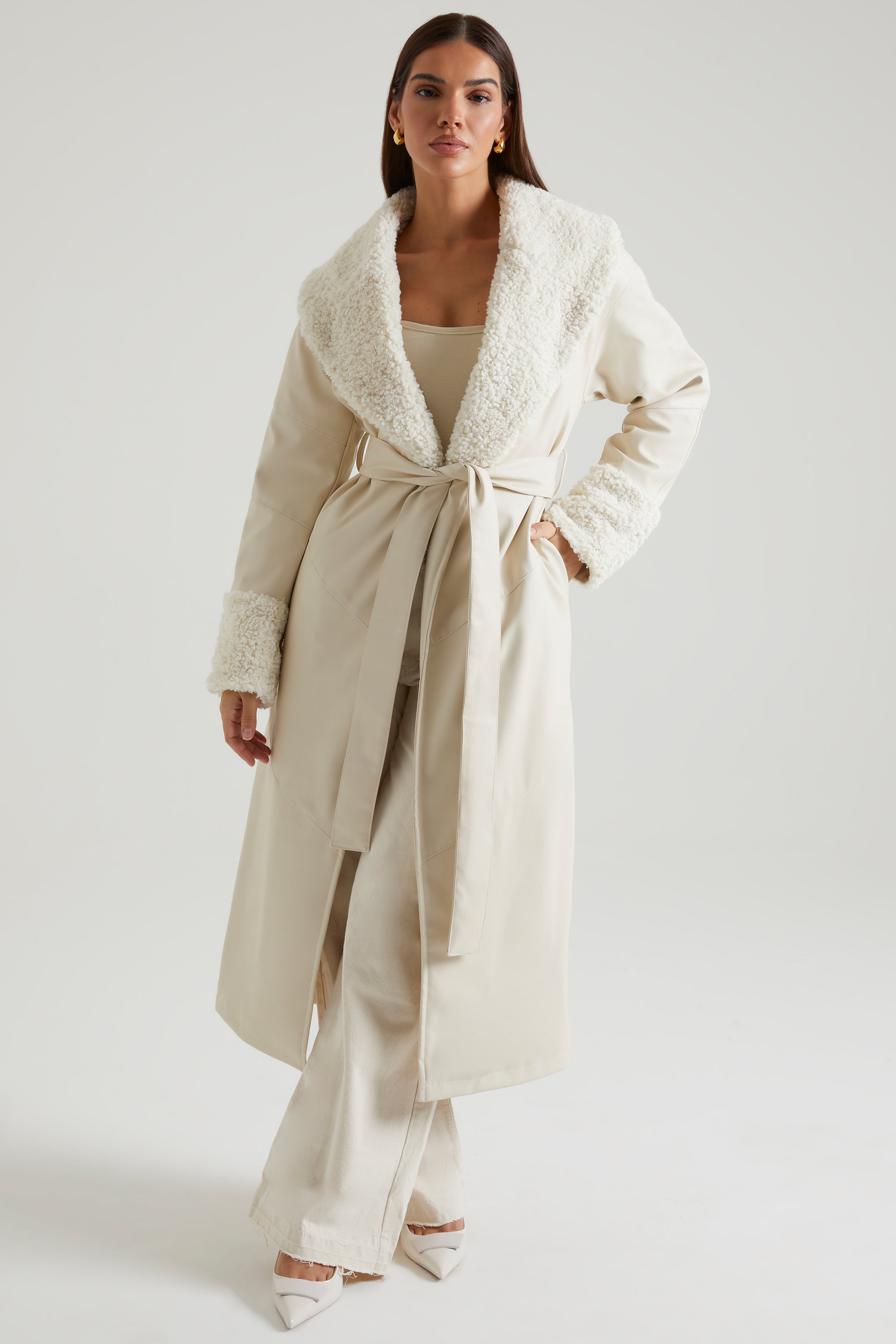 Tie Up Coat with Shearling Collar and Cuffs in Cream、mySite、solidvoid