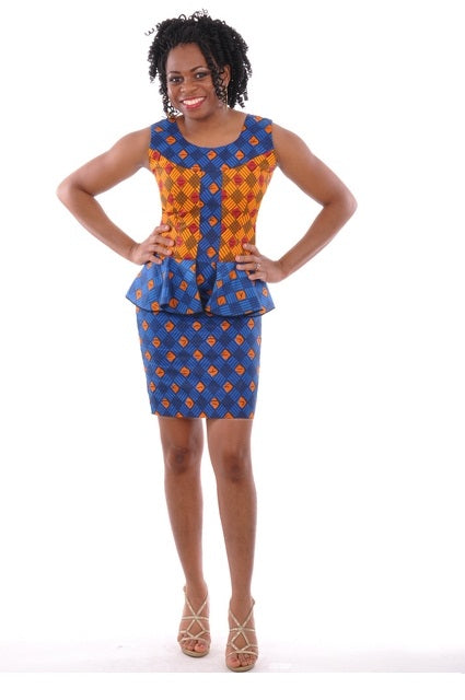 Trendy Royal Blue Orange African Print Dress with Flare-DP3034、mySite、solidvoid