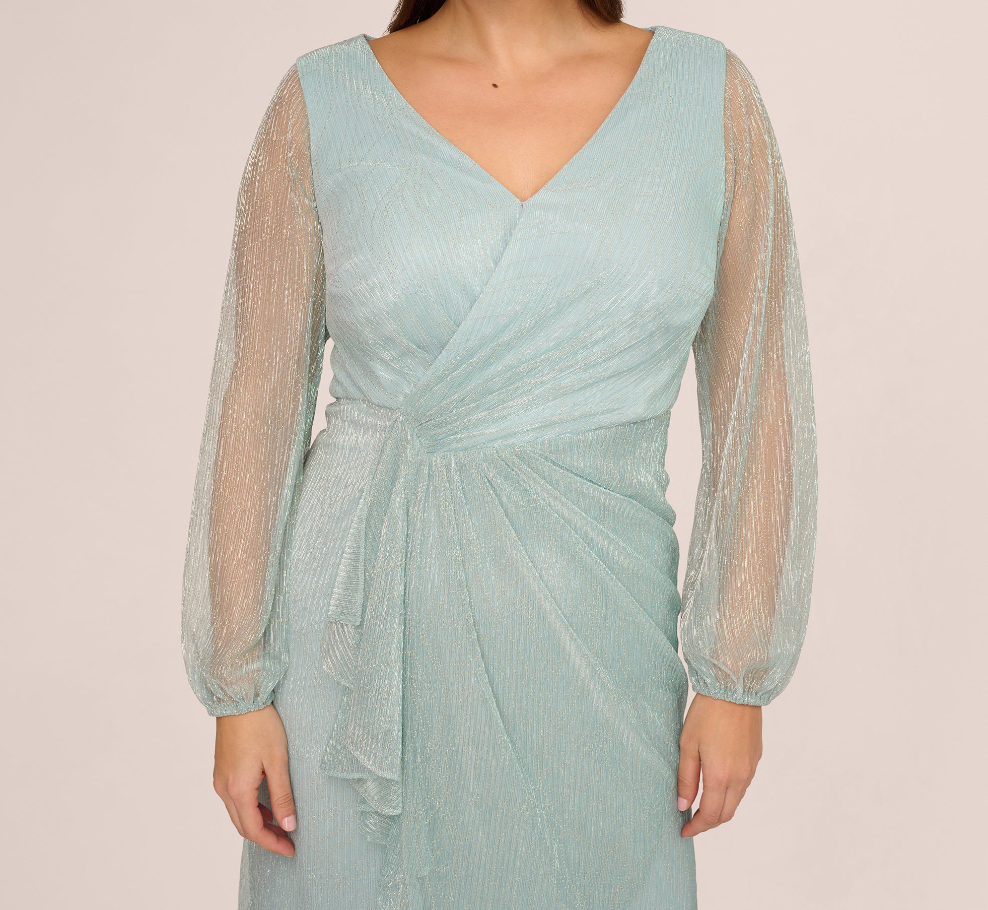 Plus Size Crinkle Metallic Gown With Sheer Bishop Sleeves And Draped Details In Mint Smoke、mySite、solidvoid
