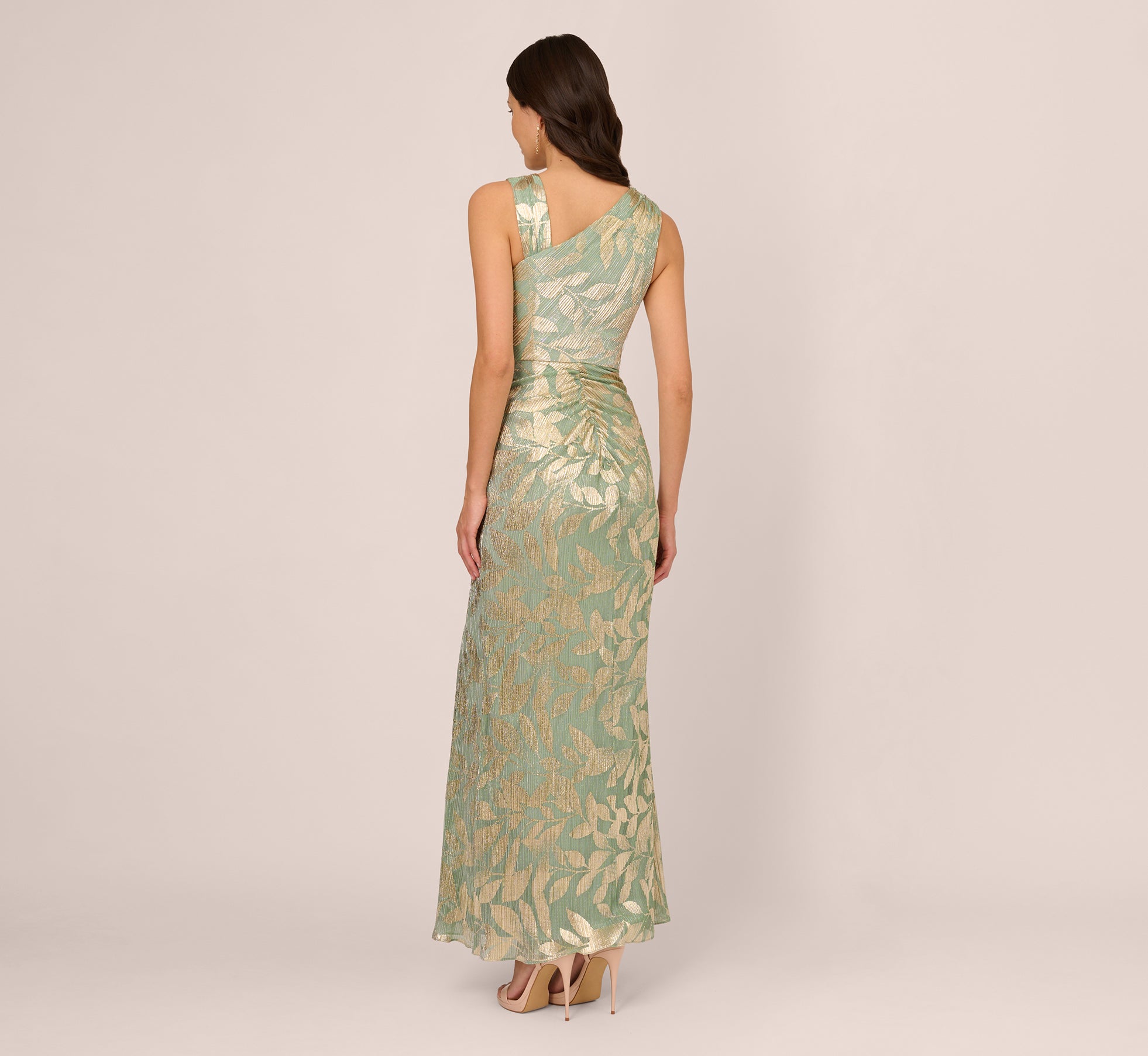 Foil Printed Asymmetric Gown With Ruffled Detail In Sage Gold、mySite、solidvoid