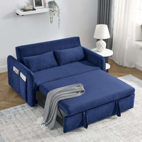 55" Modern Convertible Sofa Bed with 2 Detachable Arm Pockets, Velvet Loveseat Sofa with Pull Out Bed, 2 Pillows and Living Room Adjustable Backrest, Grid Design Armrests、、casual