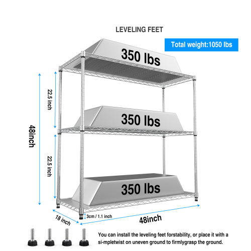 3 Tier Wire Shelving Unit, 1050 LBS NSF Height Adjustable Metal Garage Storage Shelves, Heavy Duty Storage Wire Rack Metal Shelves - Black、、casual
