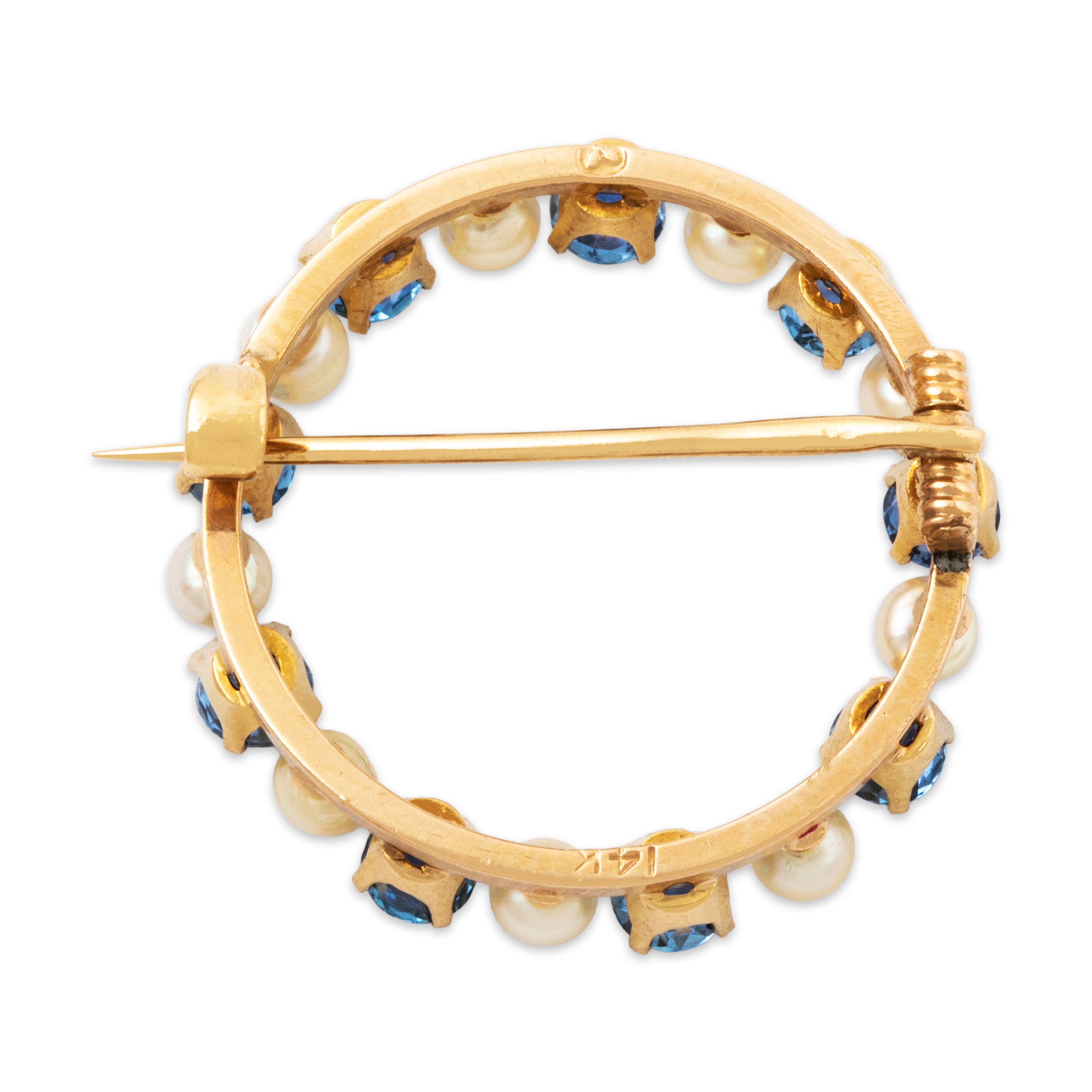 Antique 14k Yellow Gold 1.44cttw Synthetic Sapphire Pearl Elegant Brooch / Pin、mySite、hinf8tx79