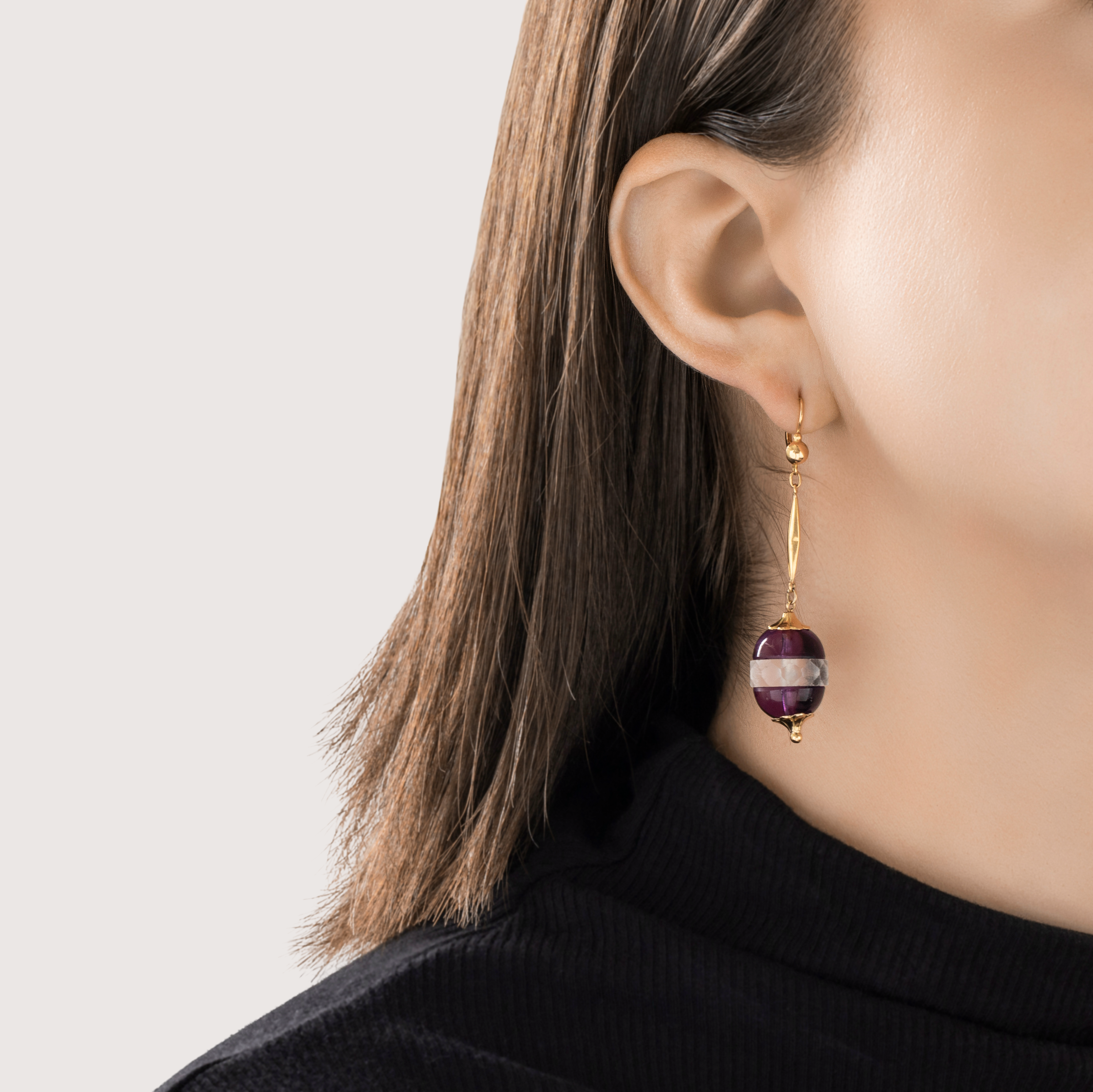 Vintage Large 18k Yellow Gold Purple & Translucent Glass Bauble Dangle Earrings、mySite、hinf8tx79