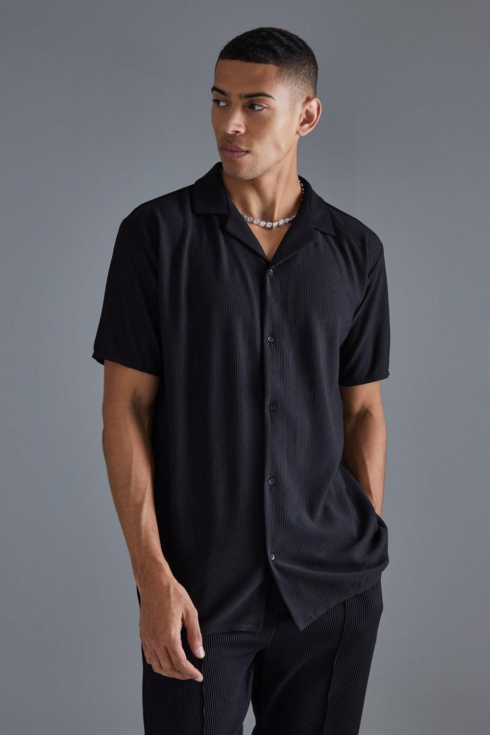  Boohooman Short Sleeve Ribbed Revere Oversized Shirt Black、mySite、justintrudeaud