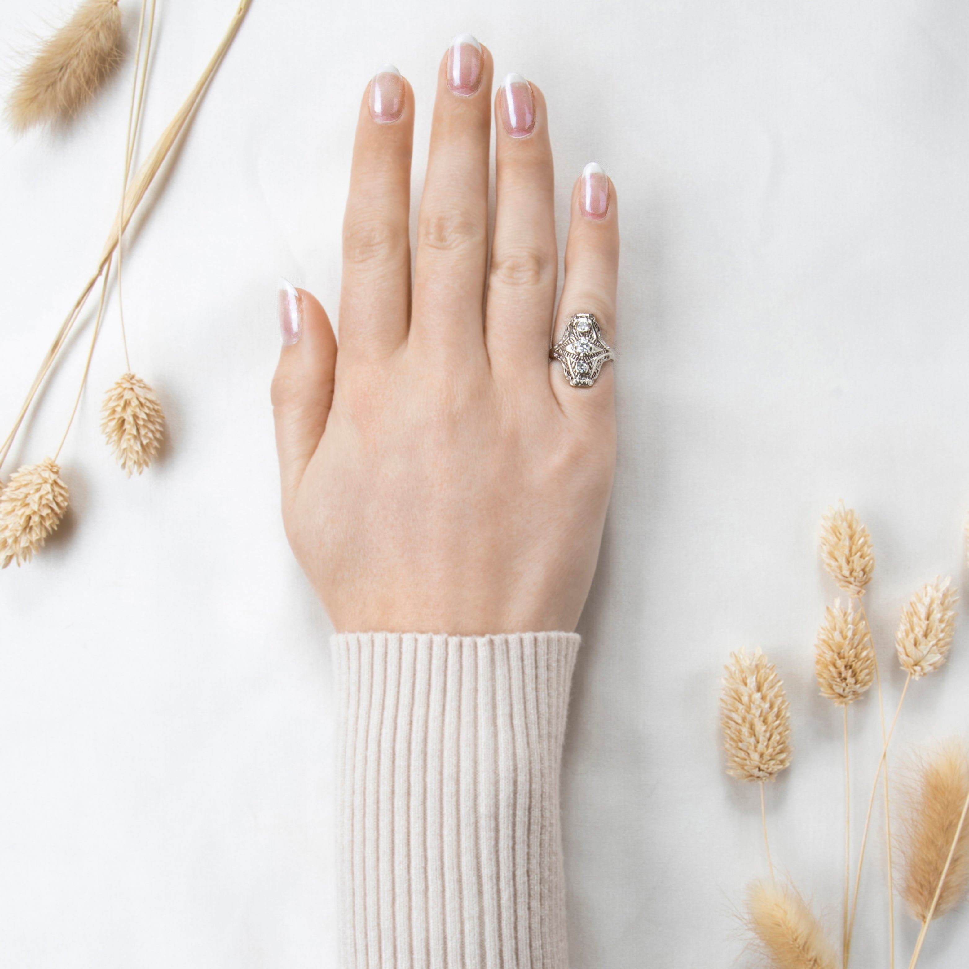 Antique Art Deco 14k White Gold 0.328cttw Diamond Openwork Filigree Ring 3.75、mySite、hinf8tx79