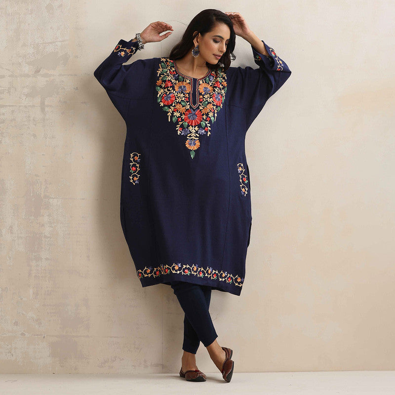 Woolen Kurta For Women | Floral Embroidered | Blue、mySite、camillekostekn