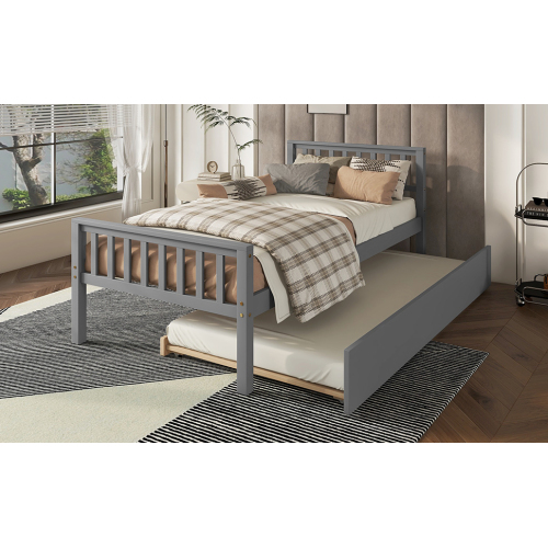 Twin Bed with Trundle, Platform Bed Frame with Headboard and Footboard, for Bedroom Small Living Space,No Box Spring Needed,White(New SKU:W504P148532)、、casual