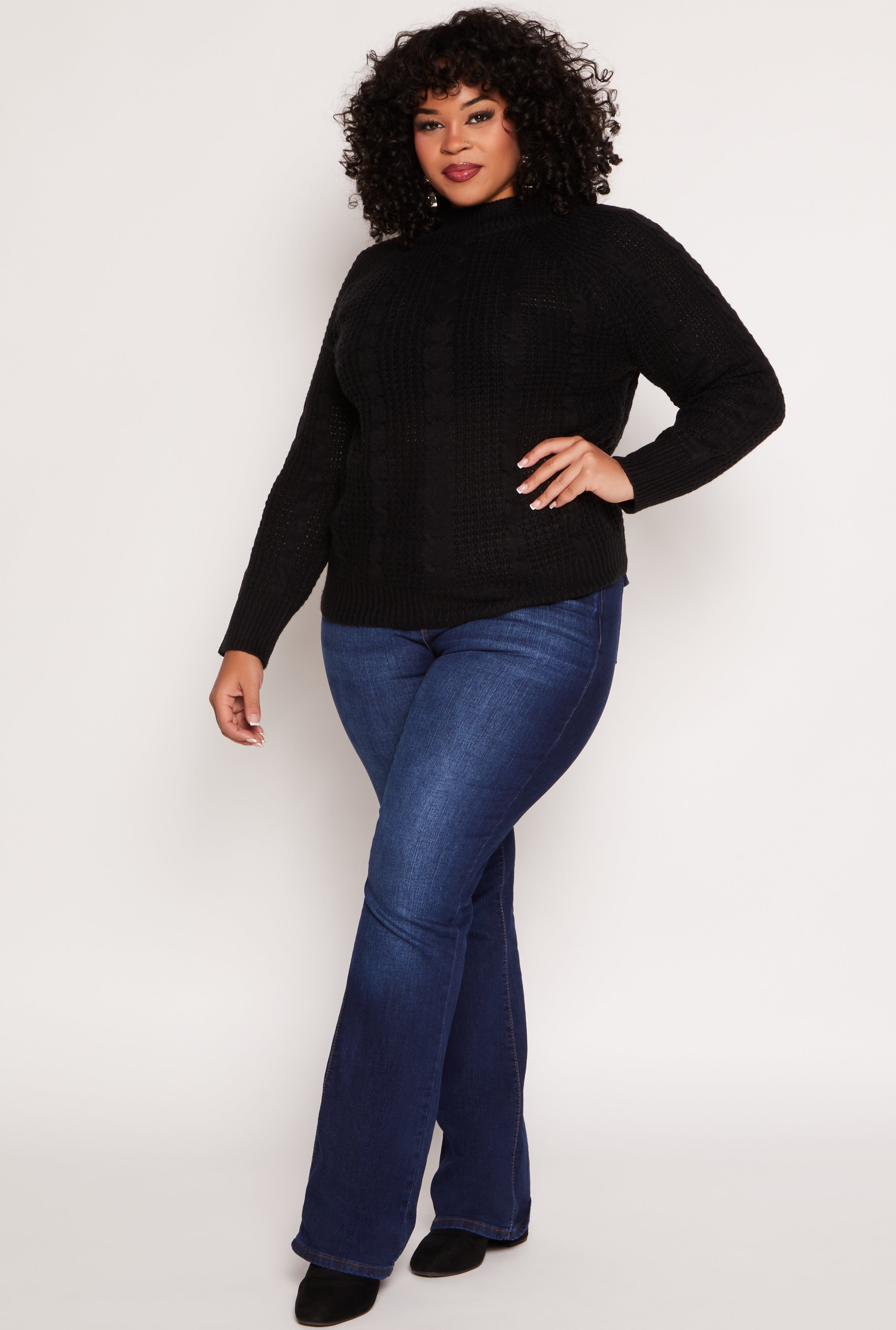 Plus Size Cable Knit Mock Neck Sweater、mySite、camillekostekn