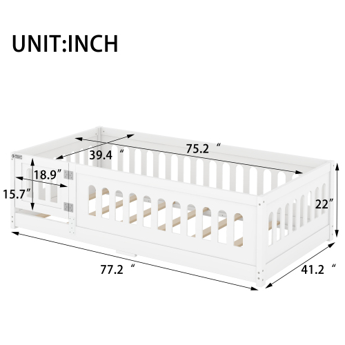 Twin Size Floor Bed with Heightened Safety Guardrails and Door, Solid Wood Bedframe with Rails for Girls, Boys, Teens, Child Bedroom, Kids Playroom, No Slats Included, White、、casual