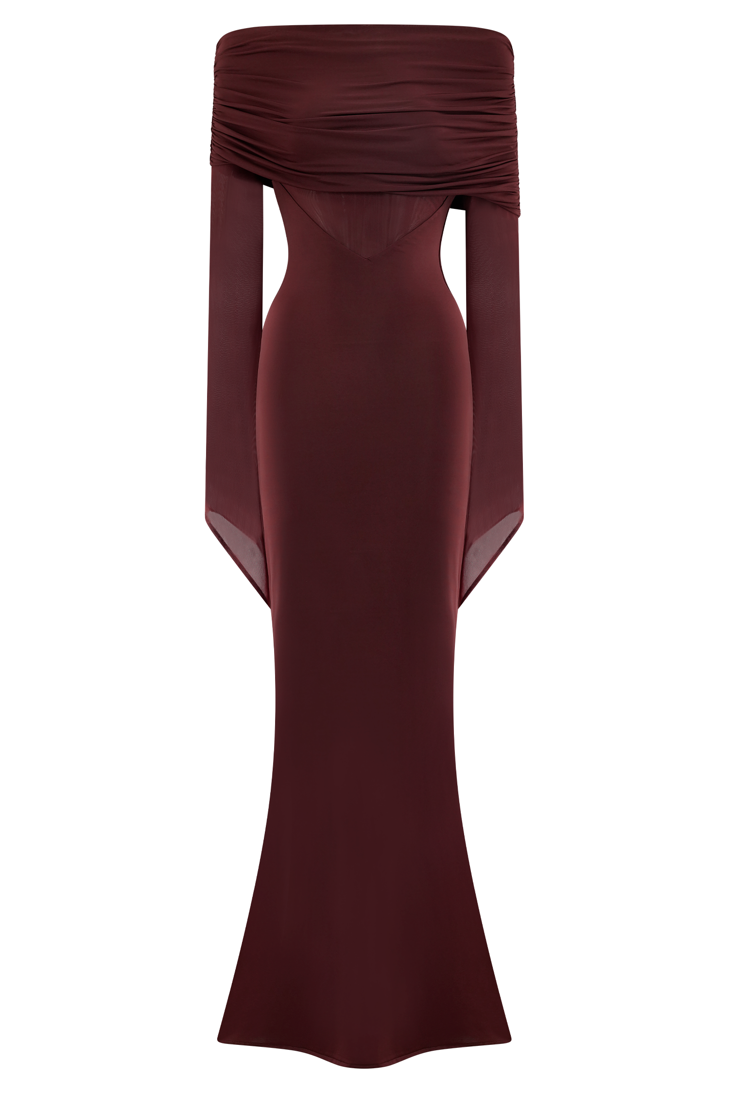 Kaitlin One Shoulder Slinky And Mesh Maxi Dress - Burgundy、mySite、solidvoid
