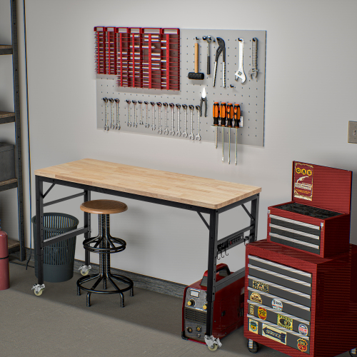 Adjustable Height Workbench, 60" Rubber Wood Top Heavy duty Workstation with Power Outlets, 2000 LBS Load Capacity Hardwood Worktable for Workshop, Garage, Office, Home, Commercial、、casual