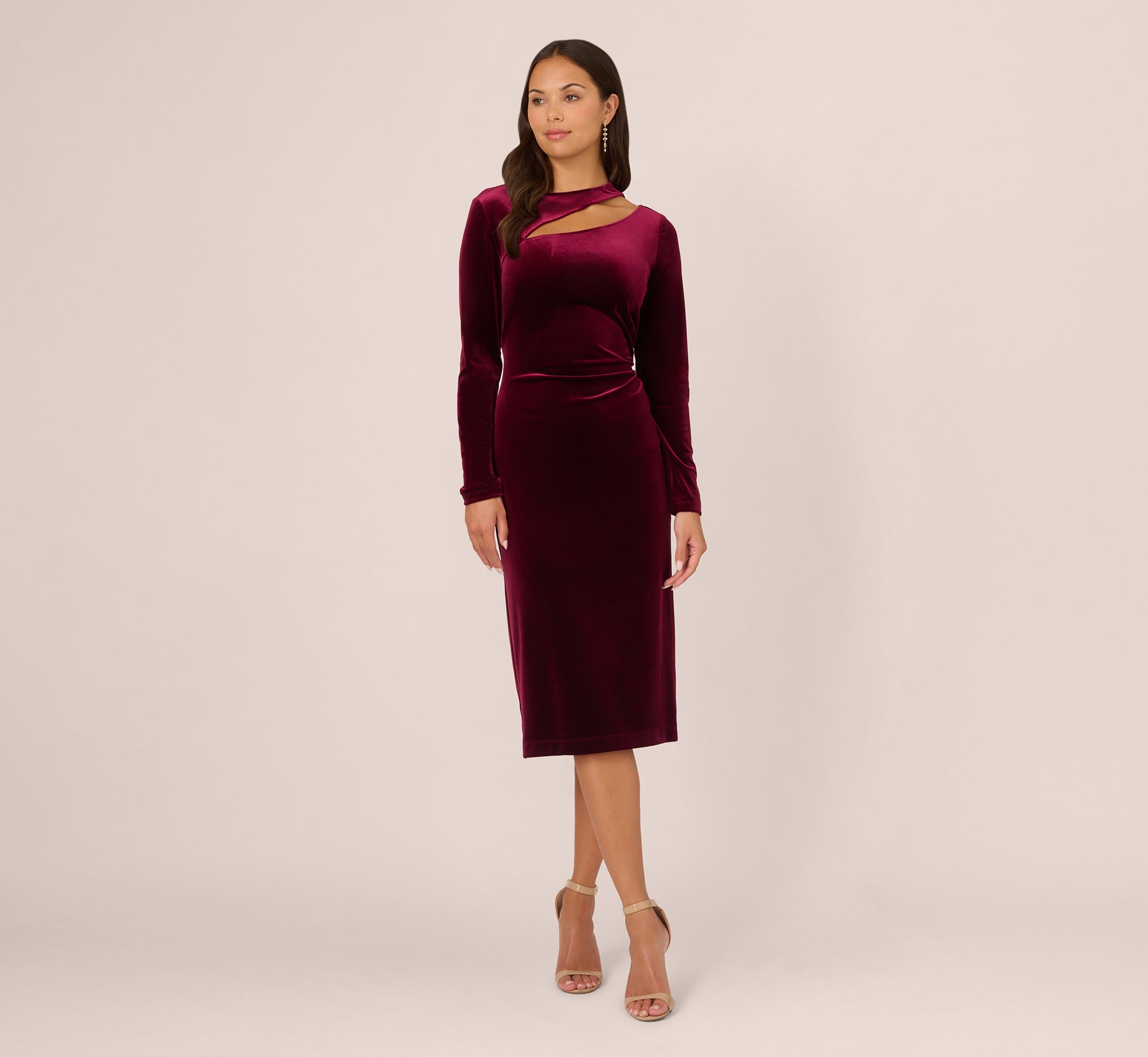 Long Sleeve Velvet Dress With Asymmetric Cutout Neckline In Burgundy、mySite、solidvoid