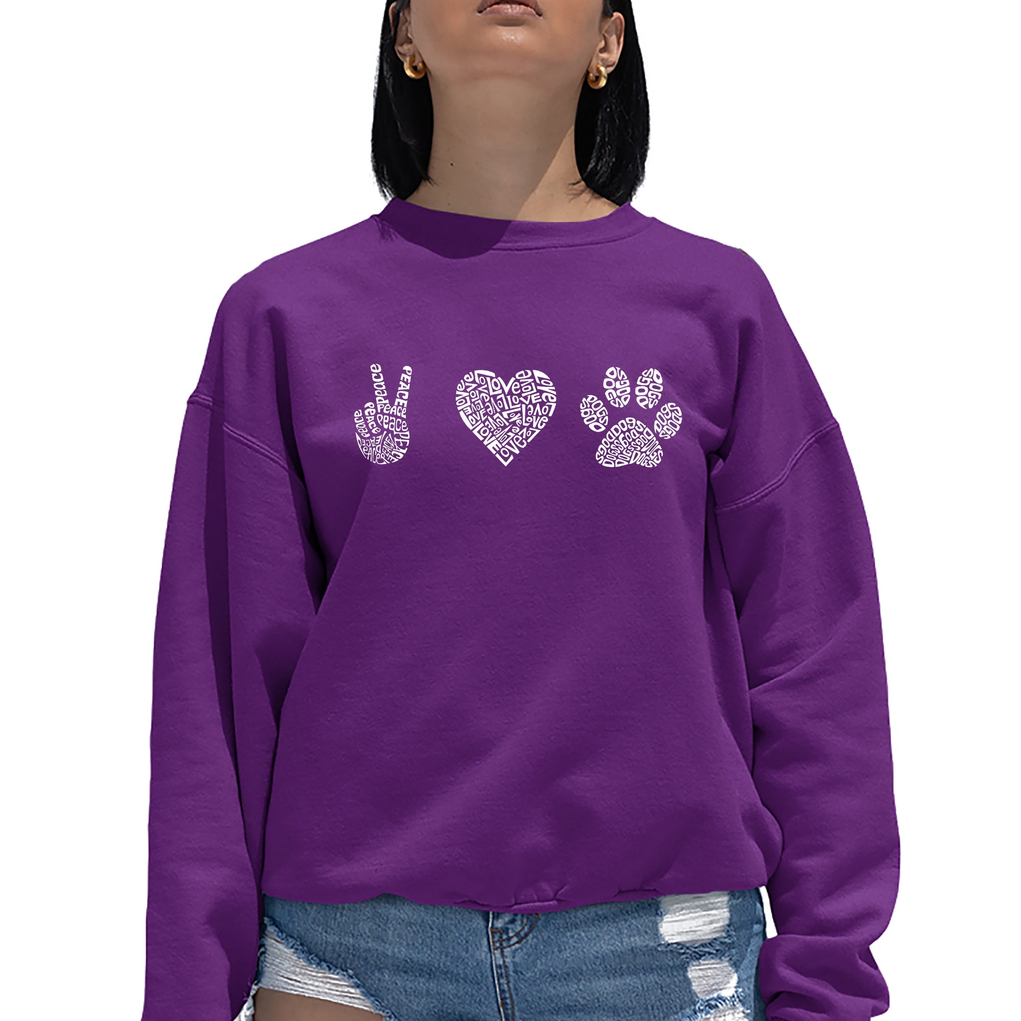 Peace Love Dogs - Women's Word Art Crewneck Sweatshirt、mySite、camillekostekn