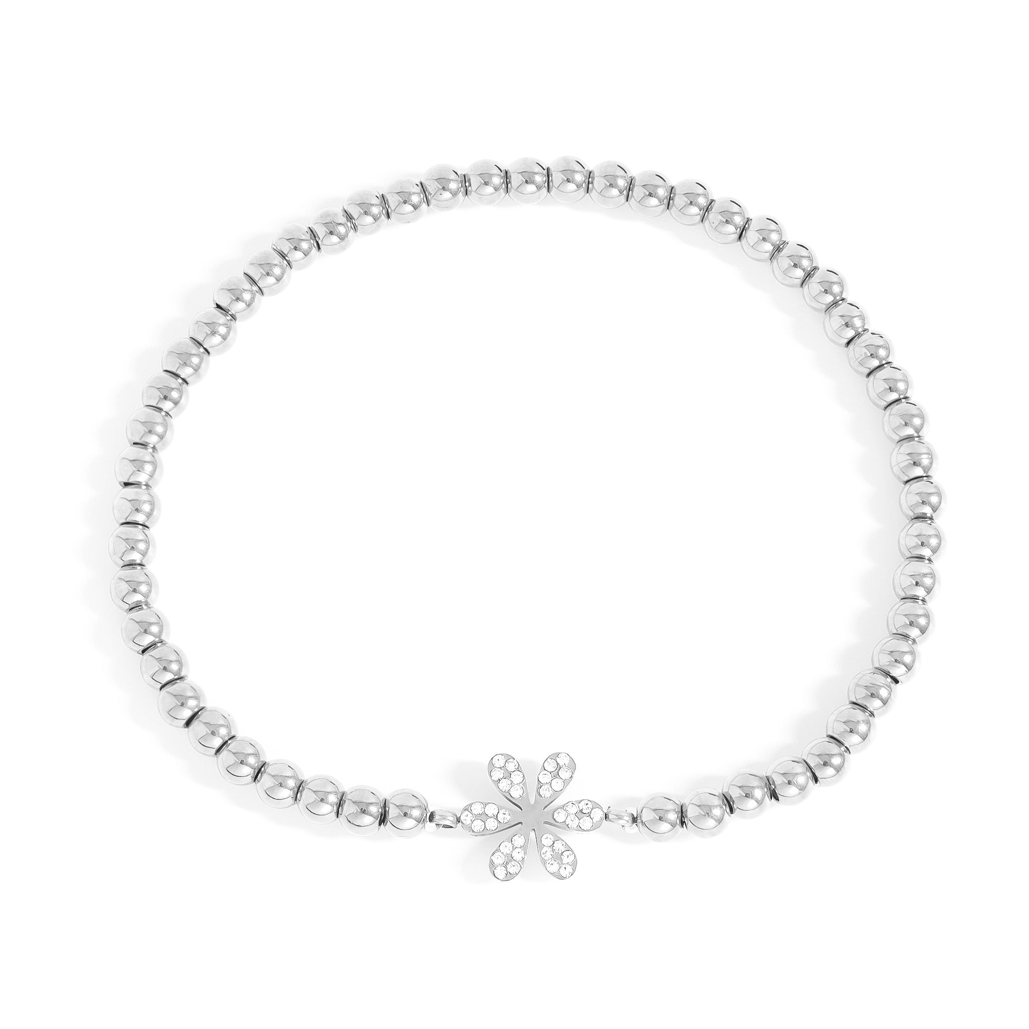 18K Gold PVD Stainless Steel Stone Flower Metal Beaded Stretch Bracelet / BRJ1020、mySite、dreamappss