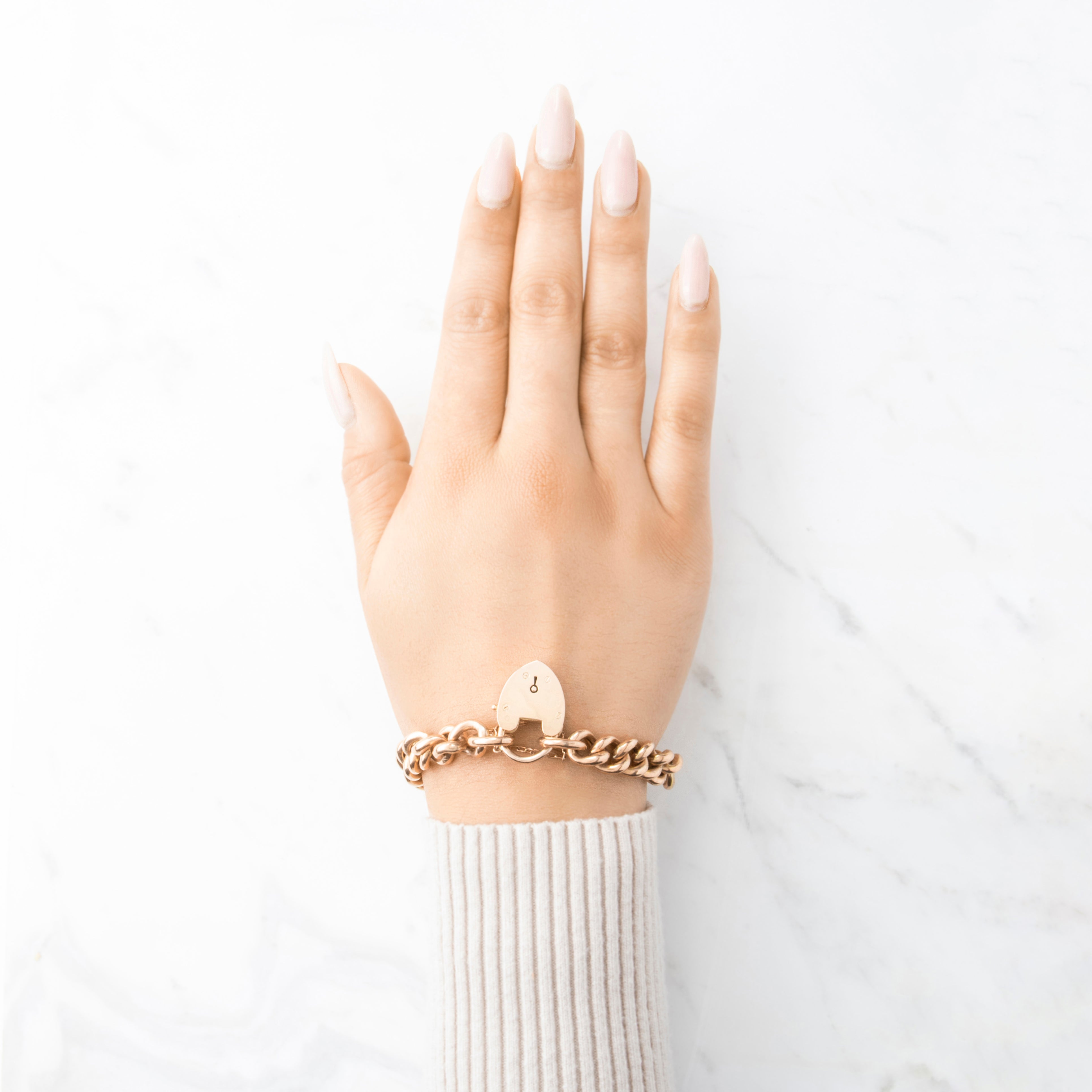 Antique English 9k Rose Gold Heart Lock Fabulous Curb Link Bracelet 7.25、mySite、hinf8tx79