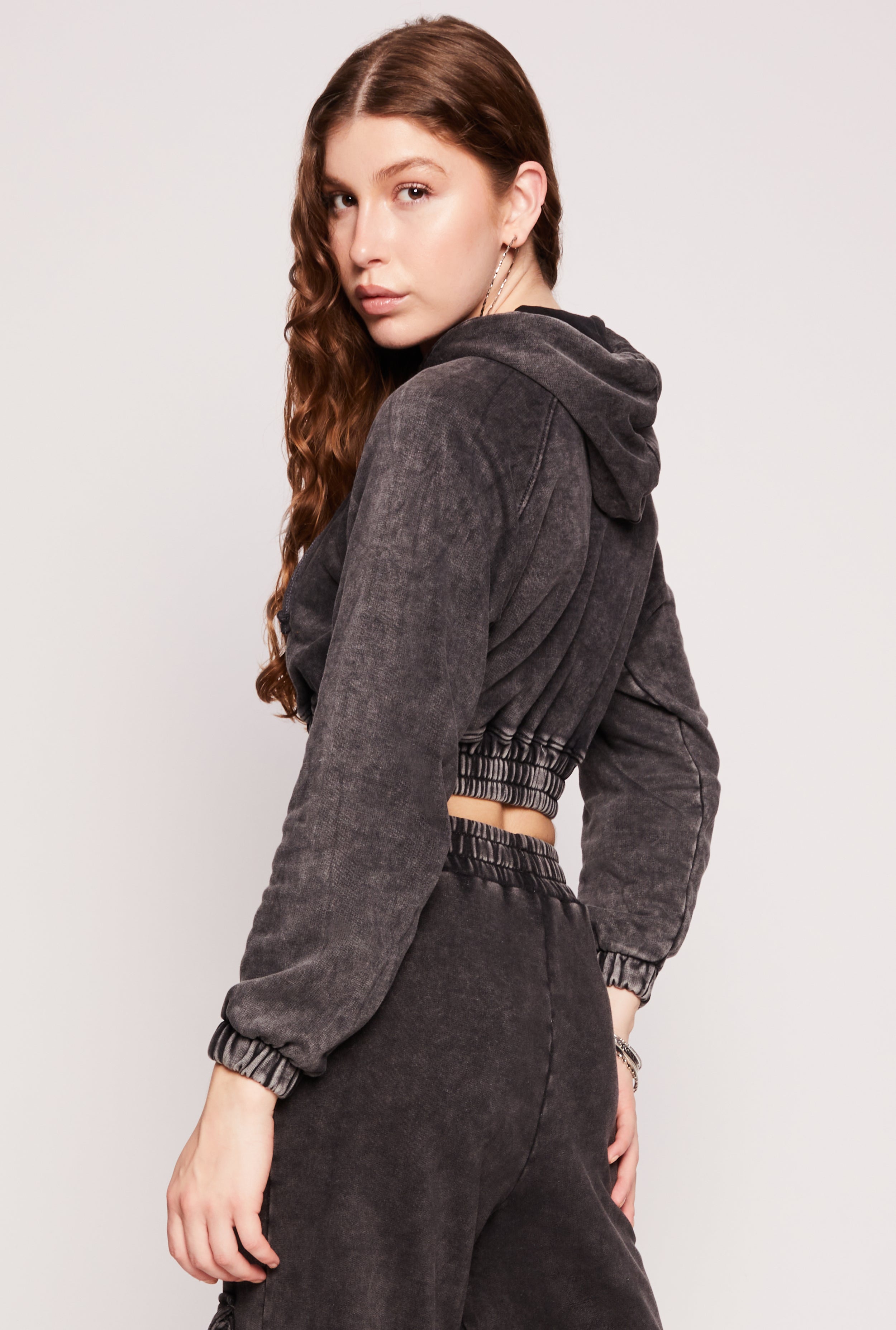 Acid Wash Elastic Hem Cropped Hoodie、mySite、camillekostekn