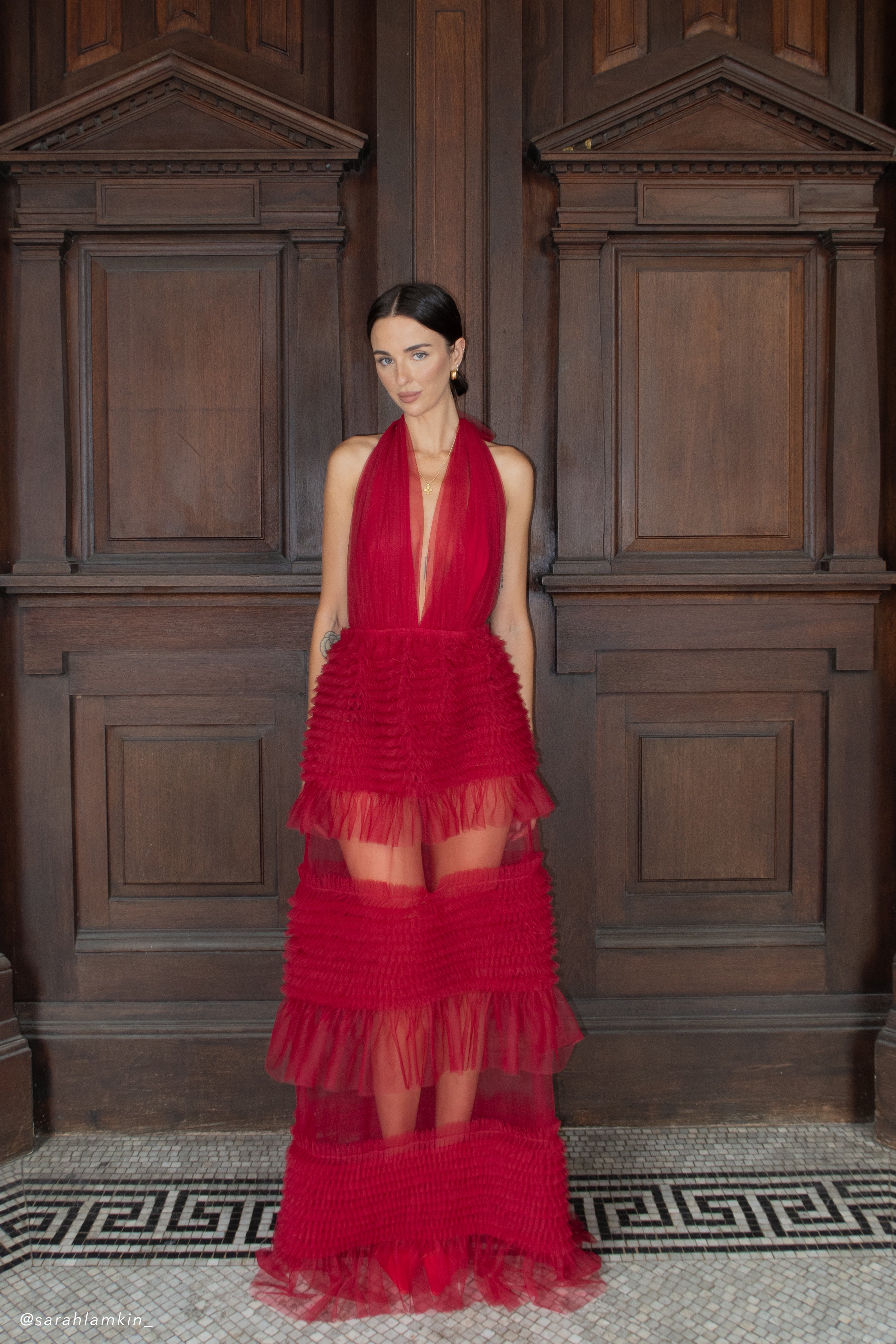 Minka Mesh Ruffle Halter Maxi Dress - Red、mySite、solidvoid