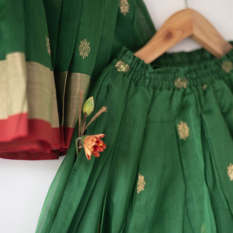 Cotton Lehenga Choli Set For Girls | Ethnic Pleated Top & Lehenga | Green、mySite、camillekostekn